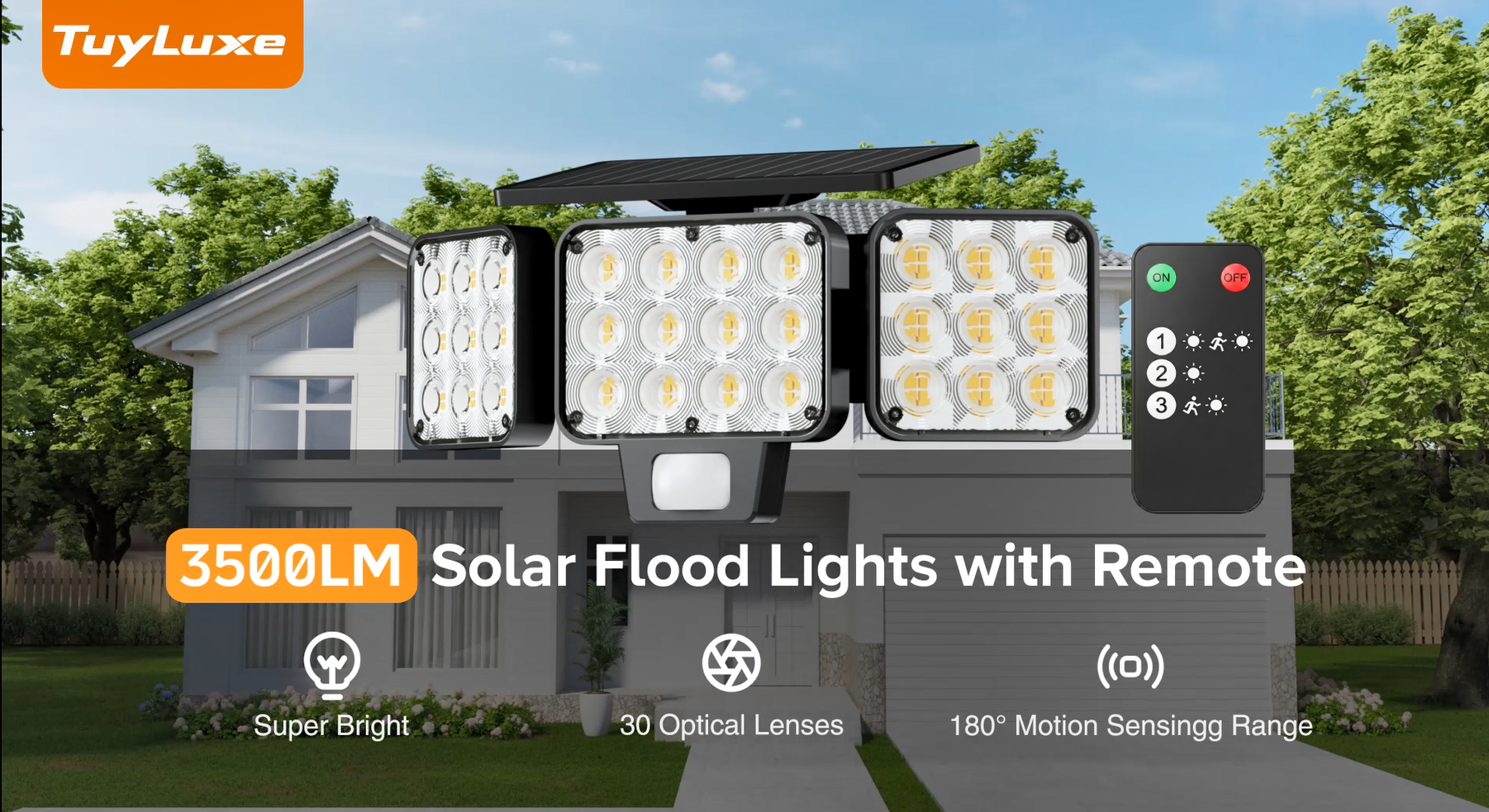 TuyLuxe Solar Flood Lights, 3500LM Motion Sensor Outdoor Lights